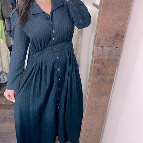 Vintage navy blue & green checkered collared dress size 14-16 with shoulder pads - Picture 2 of 9